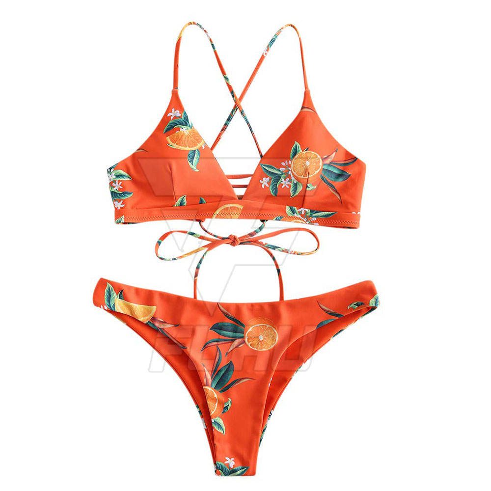 Customized Orange Color Printing Bikinis For Women Swimwear Adults Bathing Suits Swimsuit 2 Pieces